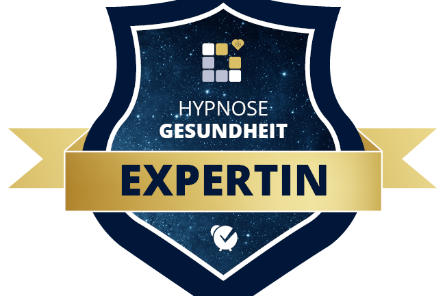 Abzeichen für Hypnose Gesundheit Expertin mit goldener Schrift und sternenförmigem Hintergrund.