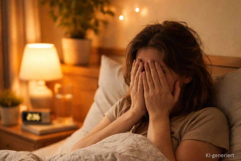 Junge Frau sitzt im Bett und hält sich die Hände vors Gesicht. Sie kann nicht schlafen. Die Nachttischlampe leuchtet.