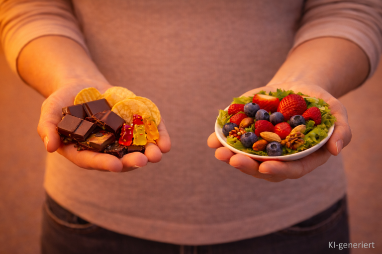 Eine Hand hält Süßigkeiten, die andere Hand eine gesunde Salatschüssel mit Beeren und Nüssen.